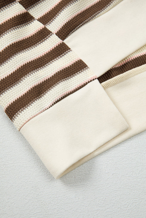 Colorblock Striped Patchwork Henley Pullover Top Exposed-Seam Drop-Shoulder